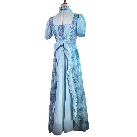 Vintage 60s Cari Lyn Prairie Dress Blue Floral Garden Cottagecore Maxi - Picture 14 of 16